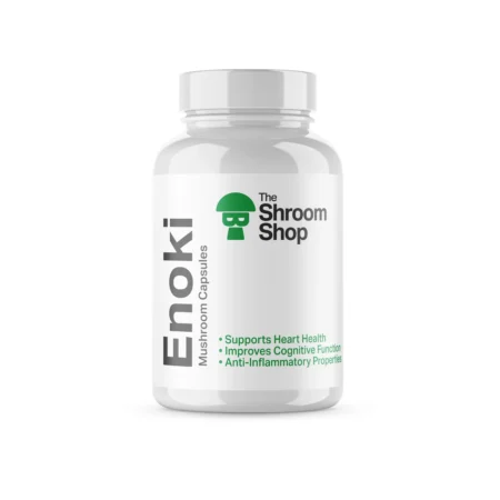 Enoki Mushroom Capsules in a bottle, featuring high-quality supplements designed to support overall health and wellness