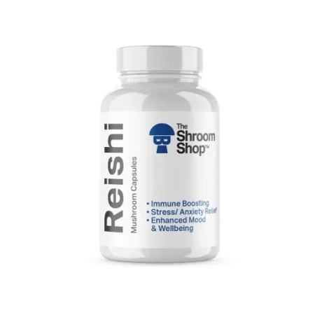 Reishi Mushroom Capsules in a bottle, showcasing a high-quality supplement designed to support wellness and vitality